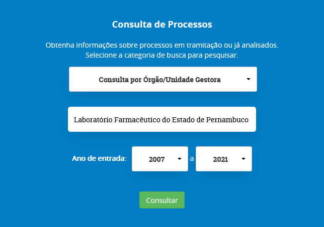 Tela de consulta de processos do Tribunal de Contas do Estado de Pernambuco